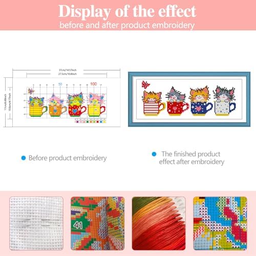 Zhenqing Teacup Cats Stamped Cross Stitch Kit - 11CT 17x37cm 4 Cats in Cups Design, Pre-Printed Colorful Pattern for Beginners (66963) - Image 2