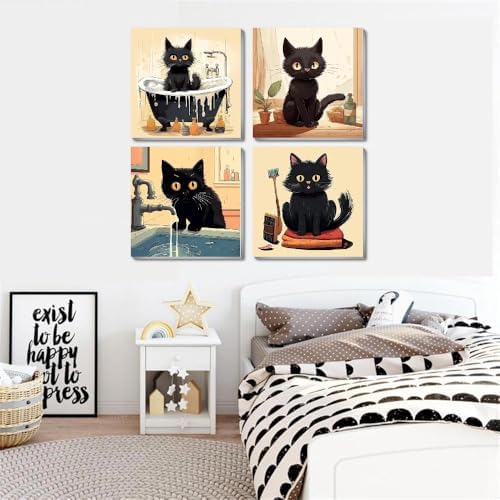 Funny Black Cat Paint by Numbers Kit for Adults Beginners, 4 Pack Cute Cat Easy Framed Adults Paint by Numbers Kits, DIY Black Cat Acrylic Oil Painting Number Kits for Home Wall Decor (8 x 8 Inch) - Image 4