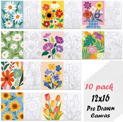 Nuberlic 12X16 Pre Drawn Canvas to Paint Floral 10 Pcs DIY Floral Pre Sketched Outlined Painting Kit to Ladies Party Art Supplies by Nuberlic