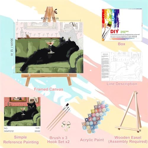 Cat Paint by Numbers for Adults with Framed Canvas - with Wooden Easel - Image 2