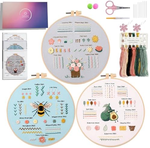 Jyphorixal Embroidery Kit for Beginners Adults Cross Stitch Starter Kit Needle Point Supplies 33 Basic Stitches in 3 Set, DIY Craft Lover Starter Hand Stitch (Flower) by Borntobeprofessional