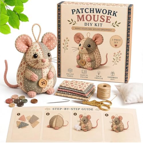 Patchwork Mouse DIY Kit, Handmade Sewing Craft Set,Cute Mouse Ornament DIY Kit,with Floral Fabric, Stuffing, Buttons, for Adults, Beginners,Gift for Birthdays, Holidays (A) by Unknown