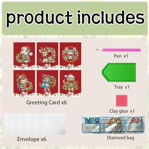 6 Pcs DIY Christmas Animal Diamond Art Painting Greeting Cards with Envelopes, Special Shaped Gem Postcards Kit for Adults, Xmas Holiday Gifts Stocking Stuffers Winter Decor (Mouse Tiger Deer Cat Dog) - Image 3