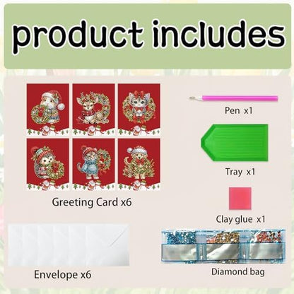 6 Pcs DIY Christmas Animal Diamond Art Painting Greeting Cards with Envelopes, Special Shaped Gem Postcards Kit for Adults, Xmas Holiday Gifts Stocking Stuffers Winter Decor (Mouse Tiger Deer Cat Dog) - Image 3