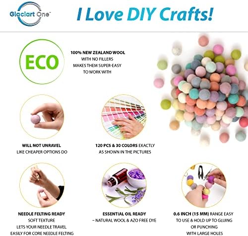 Glaciart One Felt Pom Poms, Wool Felt Balls (120 Pieces) 1.5 cm – 0.6 Inch, Handmade Felted 30 Pastel Colors (Green, Pink, Blue, Yellow and More) Bulk Small Puff for Felting and Garland - Image 2