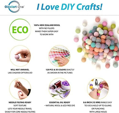 Glaciart One Felt Pom Poms, Wool Felt Balls (120 Pieces) 1.5 cm – 0.6 Inch, Handmade Felted 30 Pastel Colors (Green, Pink, Blue, Yellow and More) Bulk Small Puff for Felting and Garland - Image 2