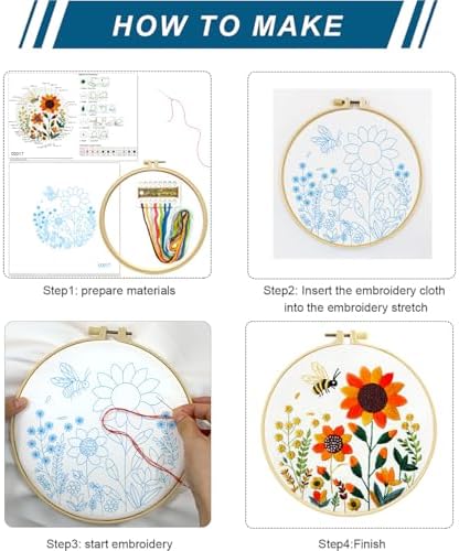Zhenqing Bees & Flowers Embroidery Kit 11.4x11.4cm - 4-Piece Complete Cross Stitch Set with Pre-Printed Fabric, Threads, Hoop, Needles & Instructions | DIY Craft for Adults, Beginners-Friendly (C0046) - Image 5
