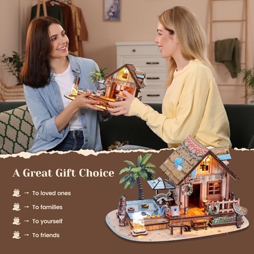 3D Wooden Puzzles for Adult,187pcs Hawaiian Vacation Beach House Kit,DIY Wooden Model Kits with LED Light for Adults-Toy Gifts for Ages 14 and up - Image 6