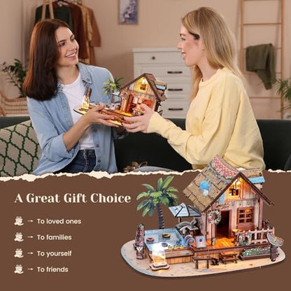 3D Wooden Puzzles for Adult,187pcs Hawaiian Vacation Beach House Kit,DIY Wooden Model Kits with LED Light for Adults-Toy Gifts for Ages 14 and up - Image 6