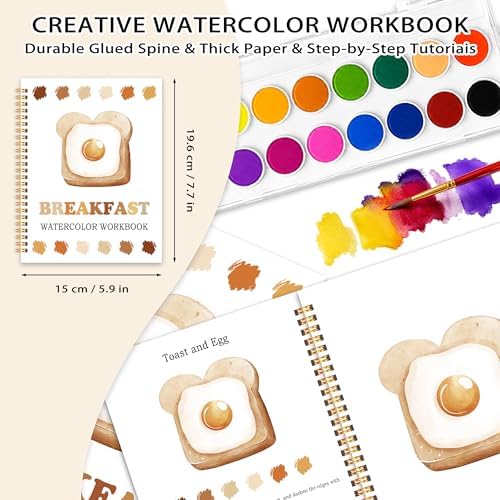 Breakfast Watercolor Workbook, Water Coloring Book, 12 Patterns, 18 Colors Watercolor Paint Set, Breakfast Buddies Watercolor Kit for Beginners, Fun Family Art Activity and Gift - Image 2