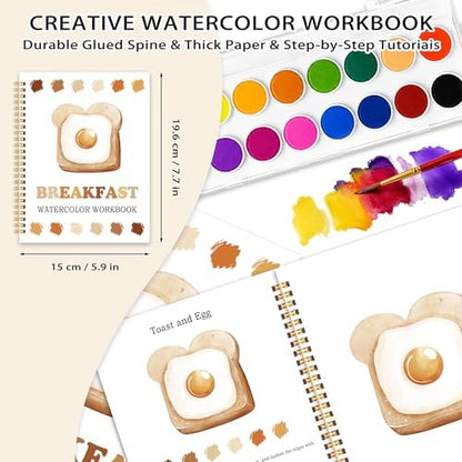 Breakfast Watercolor Workbook, Water Coloring Book, 12 Patterns, 18 Colors Watercolor Paint Set, Breakfast Buddies Watercolor Kit for Beginners, Fun Family Art Activity and Gift - Image 2