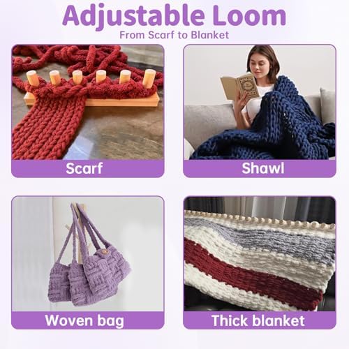 46" Beechwood Chunky Blanket Loom Kit, Adjustable Hand Knitting Loom for DIY Chunky Yarn Blankets, Large Wooden Loom Knitting Board, No Needles Required Blanket Maker, Beginner Friendly Craft Gift - Image 5