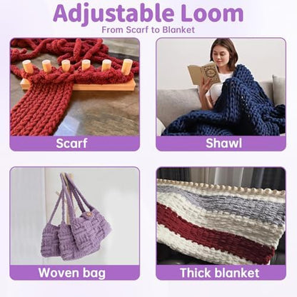 46" Beechwood Chunky Blanket Loom Kit, Adjustable Hand Knitting Loom for DIY Chunky Yarn Blankets, Large Wooden Loom Knitting Board, No Needles Required Blanket Maker, Beginner Friendly Craft Gift - Image 5