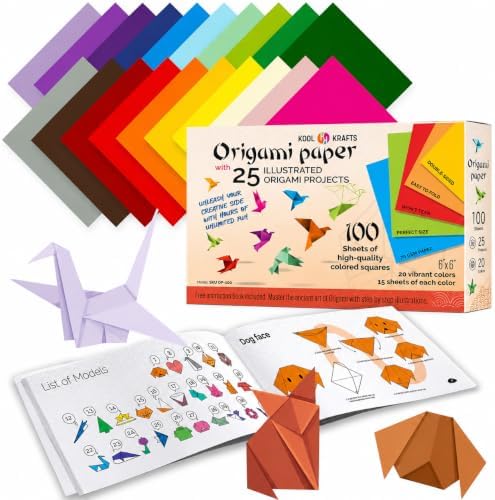 Origami Paper - 100 Origami Paper Kit - Set Includes, 100 Sheets 20 Colors 6x6, Origami Book 25 Easy Colored Projects, Kids Crafts, Christmas Gifts for boys 8-12 by KoolKrafts