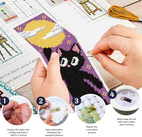 ACRNIGHEET 6PCS Cross Stitch Bookmark Kit for Beginner Stamped Cross Stitch Kits for Adults Cute Cat & Moon DIY Tassel Embroidery Bookmark Kits Needlepoint Kit with Instructions Gift 8.5''x3'' 11CT - Image 4