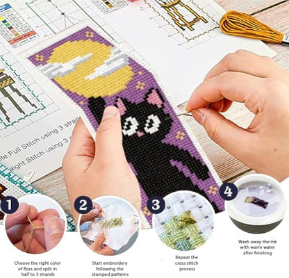 ACRNIGHEET 6PCS Cross Stitch Bookmark Kit for Beginner Stamped Cross Stitch Kits for Adults Cute Cat & Moon DIY Tassel Embroidery Bookmark Kits Needlepoint Kit with Instructions Gift 8.5''x3'' 11CT - Image 4