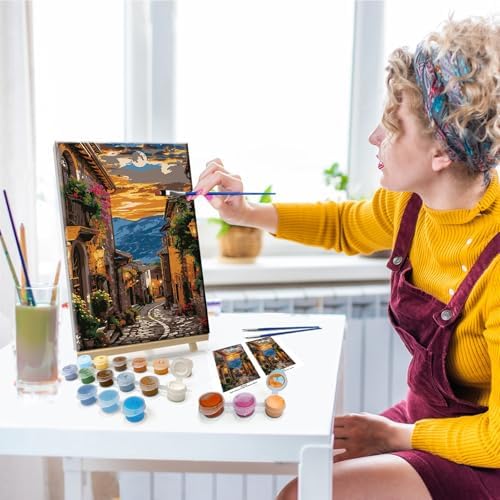 JOOZ Paint by Numbers Kit for Adults Landscape Paint by Number with Frame Town Street Paint by Number with Easel Moon Oil Painting Kits for Gift Home Wall Decor 7.87x11.81 Inch - Image 4