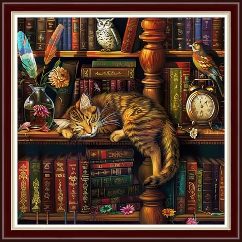 Joyhoor Cross Stitch Kits for Beginners Stamped Cross-Stitch Supplies Needlework preprint Embroidery Kits for Adults DIY Needlepoint Kit Embroidery Patterns 11CT-Bookshelf Cat 18x18 inch by JoyhoorCrossStitchKits