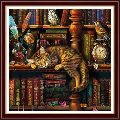 Joyhoor Cross Stitch Kits for Beginners Stamped Cross-Stitch Supplies Needlework preprint Embroidery Kits for Adults DIY Needlepoint Kit Embroidery Patterns 11CT-Bookshelf Cat 18x18 inch by JoyhoorCrossStitchKits