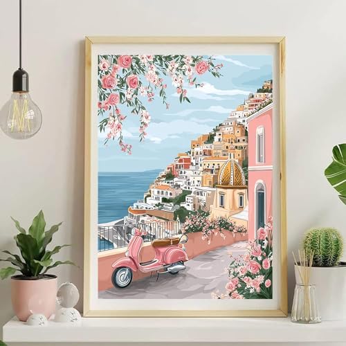 Jiqinsiye Houses Adults Paint by Number Kits,Seaside Town Painting by Number Kits on Canvas,Large Color by Numbers Adult Watercolor Gifts for Friends Wall Decor - Image 2