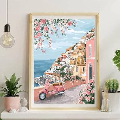 Jiqinsiye Houses Adults Paint by Number Kits,Seaside Town Painting by Number Kits on Canvas,Large Color by Numbers Adult Watercolor Gifts for Friends Wall Decor - Image 2