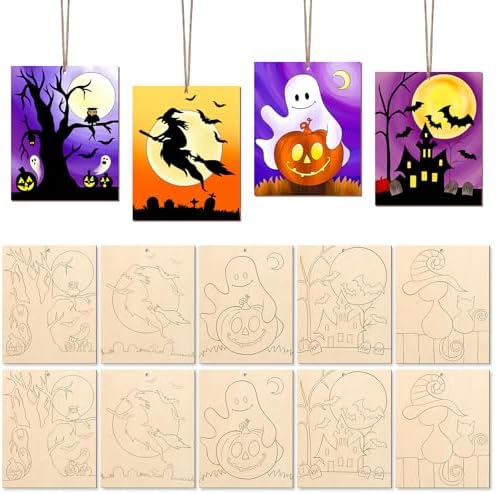 COCHIE 10PCS Large Halloween Unfinished Wood Crafts to Paint for Adults, Bulk Predrilled Wooden Ornaments for Painting, Ghost Witch Bats Paintable Wood Slices Craft Supplies with Ropes by COCHIE