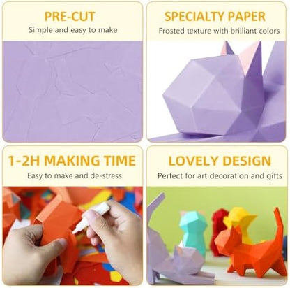 3D Origami Paper Craft Kit, Yoga Kitten Cute DIY Pre-Cut Animal Papercraft Model for Beginners, Fun Handmade Home Decoration Gift for Adults & Teens-Purple - Image 5