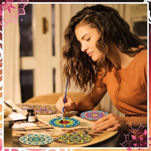 Reallnaive 8 Pcs Mandala Paint by Numbers Kit for Adults Wooden Coasters - Image 6