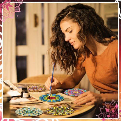 Reallnaive 8 Pcs Mandala Paint by Numbers Kit for Adults Wooden Coasters - Image 6