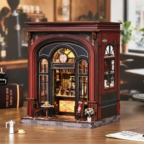 Sunny Cafe Dollhouse, DIY Miniature House Kit with LED Light for Adults Teens Beginners, Vintage Coffee Shop Book Nook Kit Bookshelf Decor, Creative DIY Craft Gift for Coffee Lovers Birthdays Holidays - Image 2