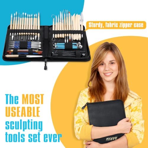 ISSEVE 43Pcs Pottery Clay Sculpting Tools Set with Stand-Up Organizer Bag - Image 4