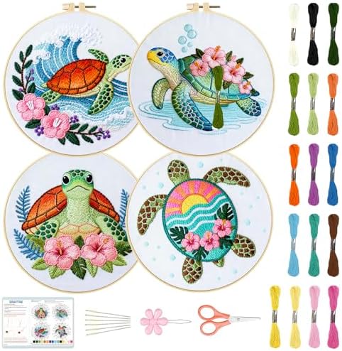 BEUNITONE 4 Sets Sea Turtle Embroidery Kits for Beginners DIY Craft Kits for Adults with Printed Patterns, Hoops and Instructions, Hibiscus Flower Needlepoint Kits for Clothing and Home Decor by BEUNITONE