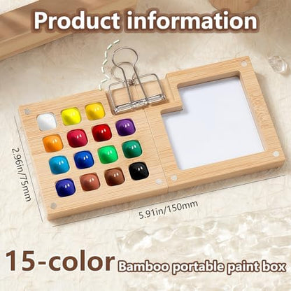 Mini Watercolor Paint Set Bamboo Travel Kit with Watercolor Palette Paintbrush Storage Bag and Water Storage Bottle Ready to Use Watercolor Sets for Artists and Beginners（15 Squares） - Image 2