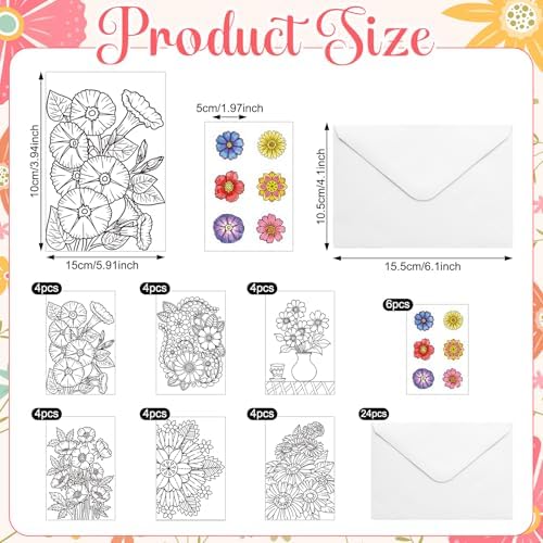 Gueevin 24 Pcs Flowers Coloring Greeting Cards with Envelopes, 4x6 - Image 2