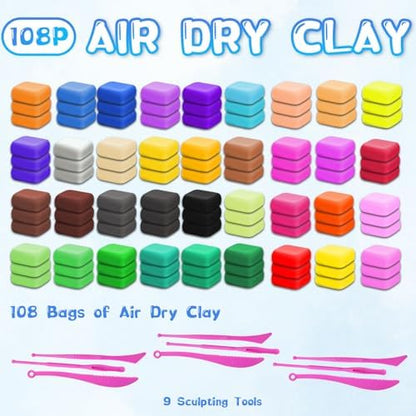 108 PCs Air Dry Clay Kit for Kids Age 3-12 with 9 Sculpting Tools 36 Colors - Image 2