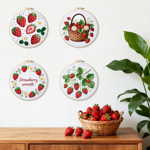 BEUNITONE 4 Set Strawberry Embroidery Kit for Adult Beginners 7.9"x7.9" DIY Stamped Needlepoint Kits with Pre-Printed Designs, Complete Handmade Embroidery Craft for Relaxing Hobby and Home Decor - Image 6