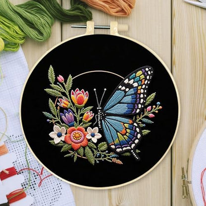 FRANDEK Flower Blue Butterfly Stamped Embroidery Kit with Hoop for Adults - Image 3