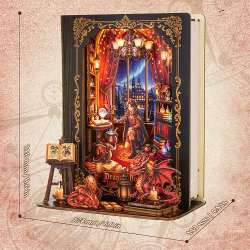 Book Nook Kit Dragon Covenant, 3D Wooden Puzzle with LED Lights, DIY Miniature Model Kit Room Home Decor, Holiday Birthday Christmas Day Gifts for Men Women Teens - Image 2