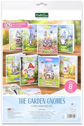 Katy Sue The Garden Gnomes Card Making Kit. Makes 8 Cards at 5 x 7 Inches. Contains Gnome Die-Cut Decoupage, Background Scenes, Cards, Envelopes & Foam Pads for Card Making Supplies. UK-Made. by KatySue