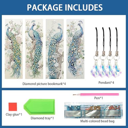 MVVMTOP 4pcs Diamond Painting Bookmark with Crystal Pendant, DIY Peacock, Special Shape Crystal Craft Partial Drill, 5D Diamond Art Handmade Bookmark, Reading Accessories and Gift for Book Lovers - Image 3