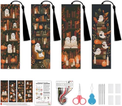 4 Pcs Fall Cross Stitch Bookmark Kit for Adult Beginners Cross Stitch Kits by NEGEKFKX