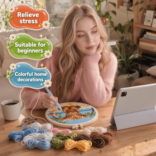 ZMHKJZDQ Punch Needle Kits for Beginners,DIY Punch Needle Embroidery with Fabric, Hoops, Yarns and Sewing Needles for Adults Children Festival Gift and Home Decor, 20x20cm (Starfish Highland Cow) - Image 3
