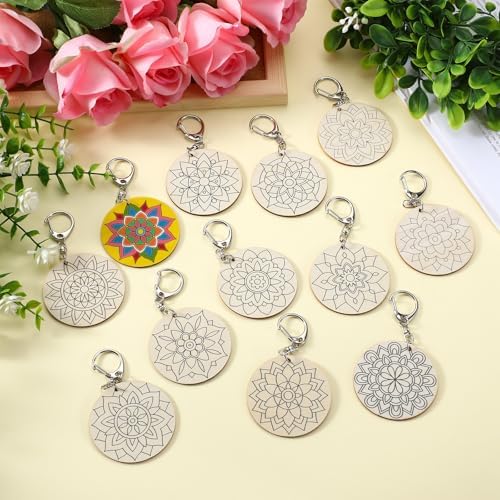 RattanView 24 Pcs Mandala Craft Color Your Own Keychains - Image 4