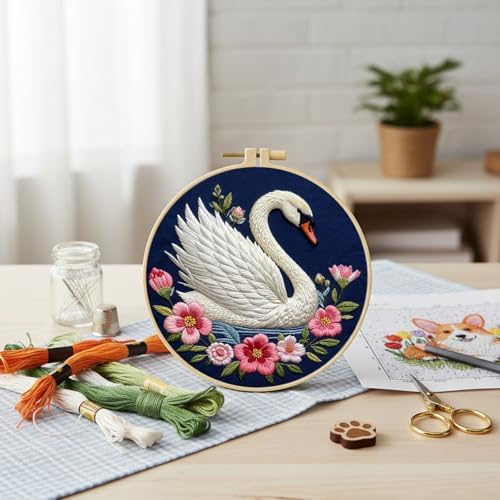 FRANDEK DIY Flower Swan Stamped Embroidery Kit with Hoop for Adults - Image 4