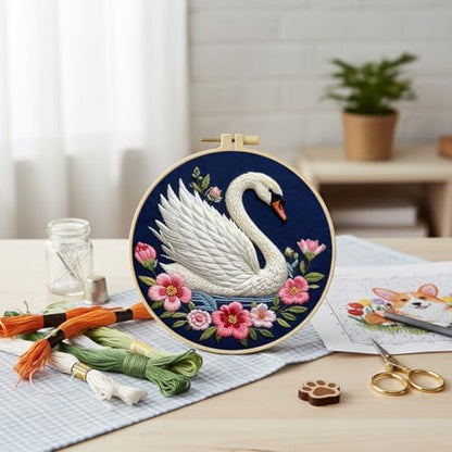 FRANDEK DIY Flower Swan Stamped Embroidery Kit with Hoop for Adults - Image 4