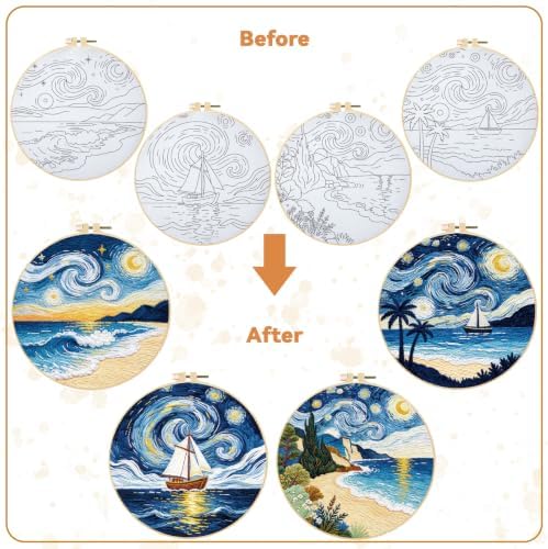 BEUNITONE 4pcs Embroidery Kit, Starry Sky & Beach Stamped Embroidery Kits with Hoop, Thread & Needles, Cross Stitch Kits Sewing Gifts for Adults and Beginners, DIY Craft for Relaxation - Image 4