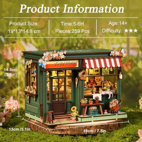 Book Nook DIY Miniature House Kit, 3D Wooden Puzzle Coffee House Dollhouse with Light & Tools, Creative Bookshelf Insert Craft Gifts for Adults Teens (Aura Verde Flower Room) - Image 2