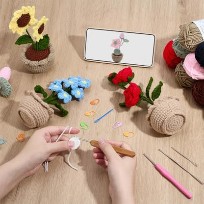 ACRNIGHEET Crochet Kit for Beginners 4 Pcs Flower Pot Crochet Kit Kinitting Kits for Beginners Adults Amigurumi Crafts Ornament with Step-by-Step Video Tutorials - Image 4