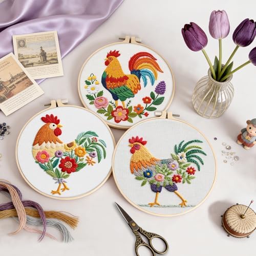 Uniartfy 3 Pack Funny Rooster and Flower Embroidery Kits for Beginners, Animal Cross Stitch Kit for Adults, DIY Needlepoint with Stamped Pattern, Embroidery Hoop, Tools, Colorful Threads, Instructions - Image 5
