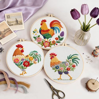 Uniartfy 3 Pack Funny Rooster and Flower Embroidery Kits for Beginners, Animal Cross Stitch Kit for Adults, DIY Needlepoint with Stamped Pattern, Embroidery Hoop, Tools, Colorful Threads, Instructions - Image 5
